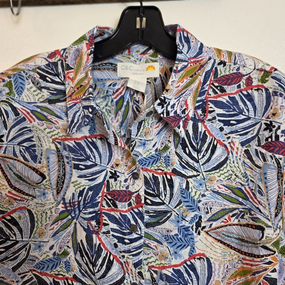 C & C California All Linen Tropical Shift Shirt Dress Midi Multicolor Medium - Picture 5 of 14